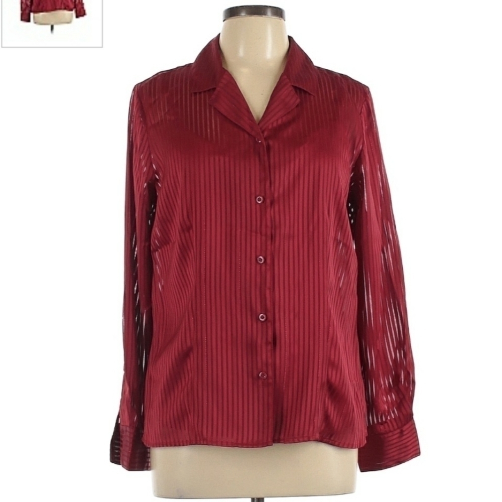 Jaclyn Smith Deep Red Silky Satin Button Down Blouse Women's Large L Sheer EUC